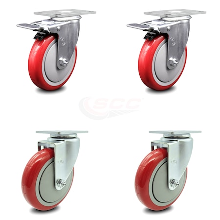 Service Caster 5 Inch Red Polyurethane Wheel Swivel Top Plate Caster Total Lock Brakes, 2PK SCC-TTL20S514-PPUB-RED-2-S-2